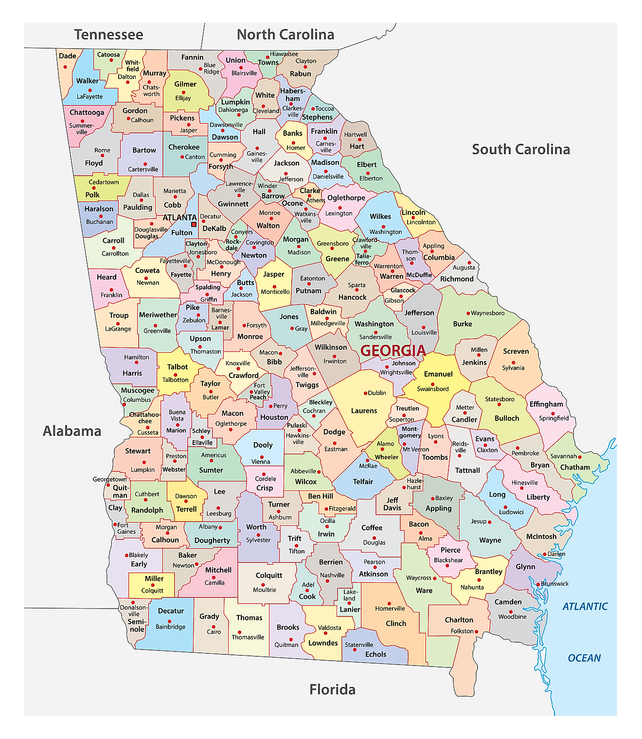 Mapa Administrativo de Georgia mostrando sus 159 condados y la ciudad capital - Atlanta