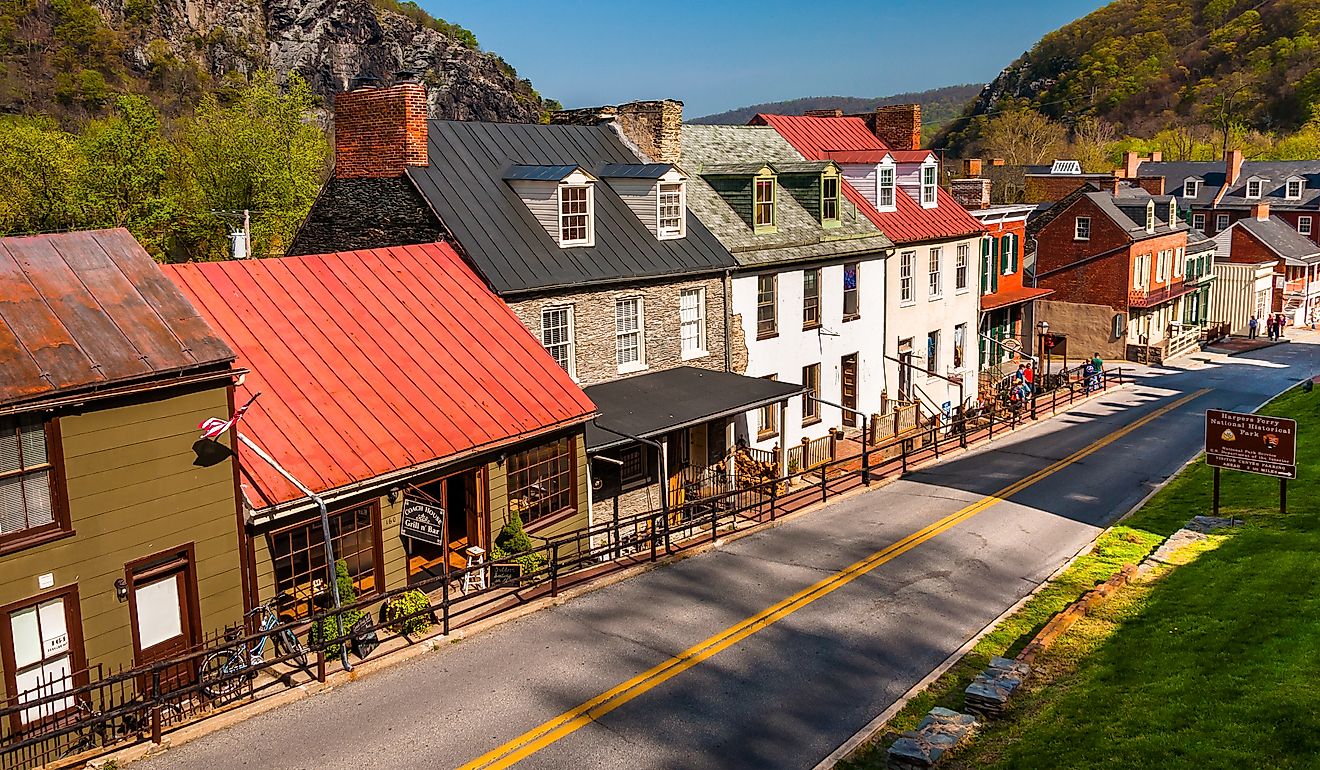 Historic buildings and shops on High Street in Harpers Ferry, West Virginia.