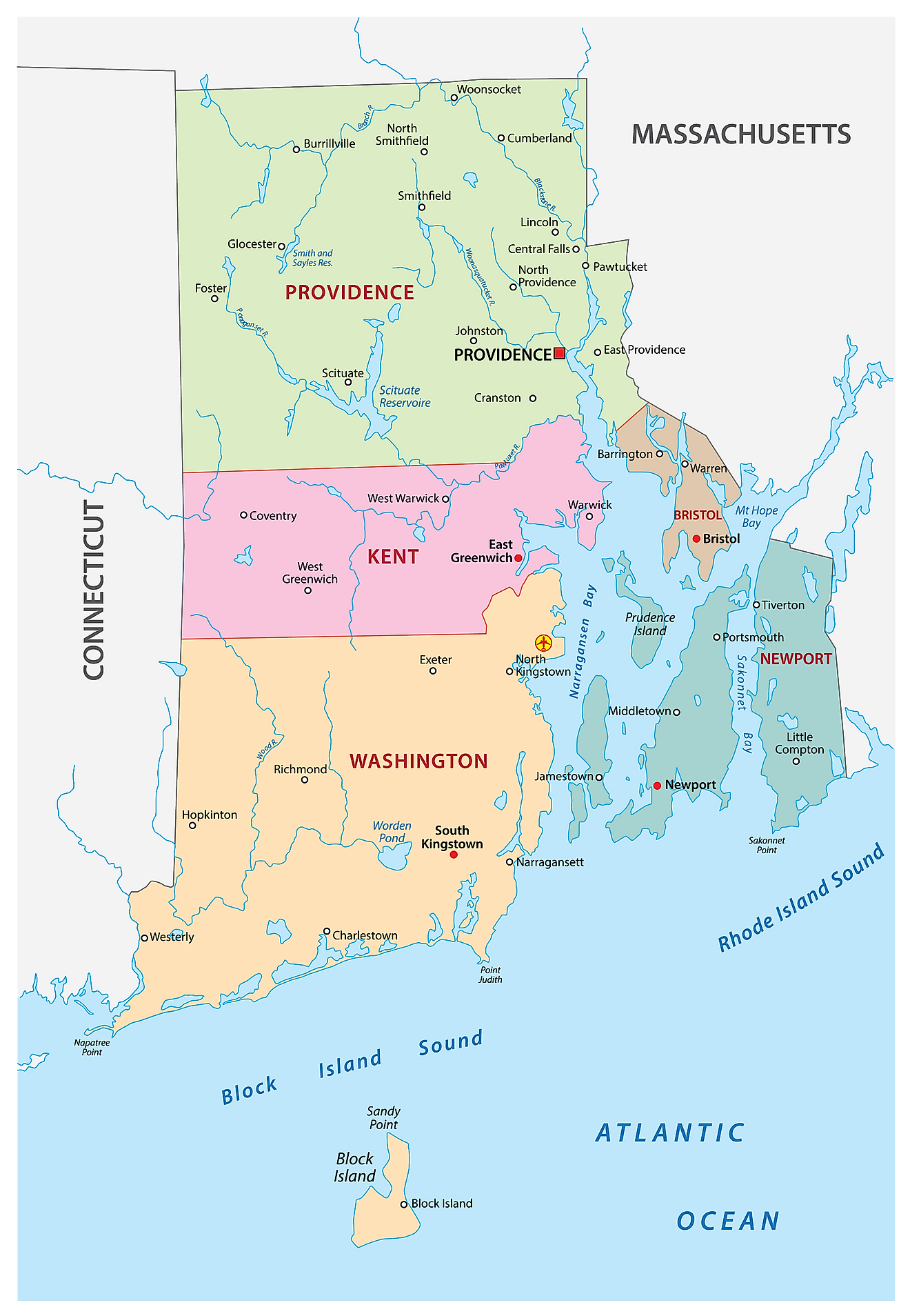 罗德岛州行政地图，显示其 5 个县和首府 - 普罗维登斯