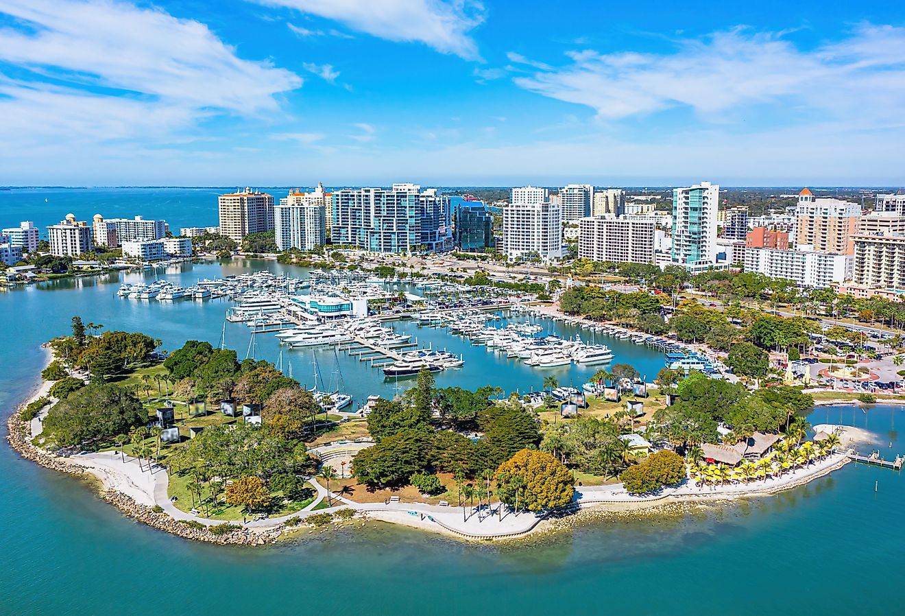 Aerial view of Sarasota, Florida, downtown Bayfront Park Marina.