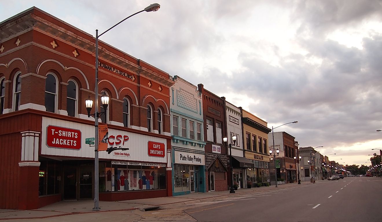 13th Street in downtown Columbus, Nebraska. Editorial credit: duckeesue / Shutterstock.com.