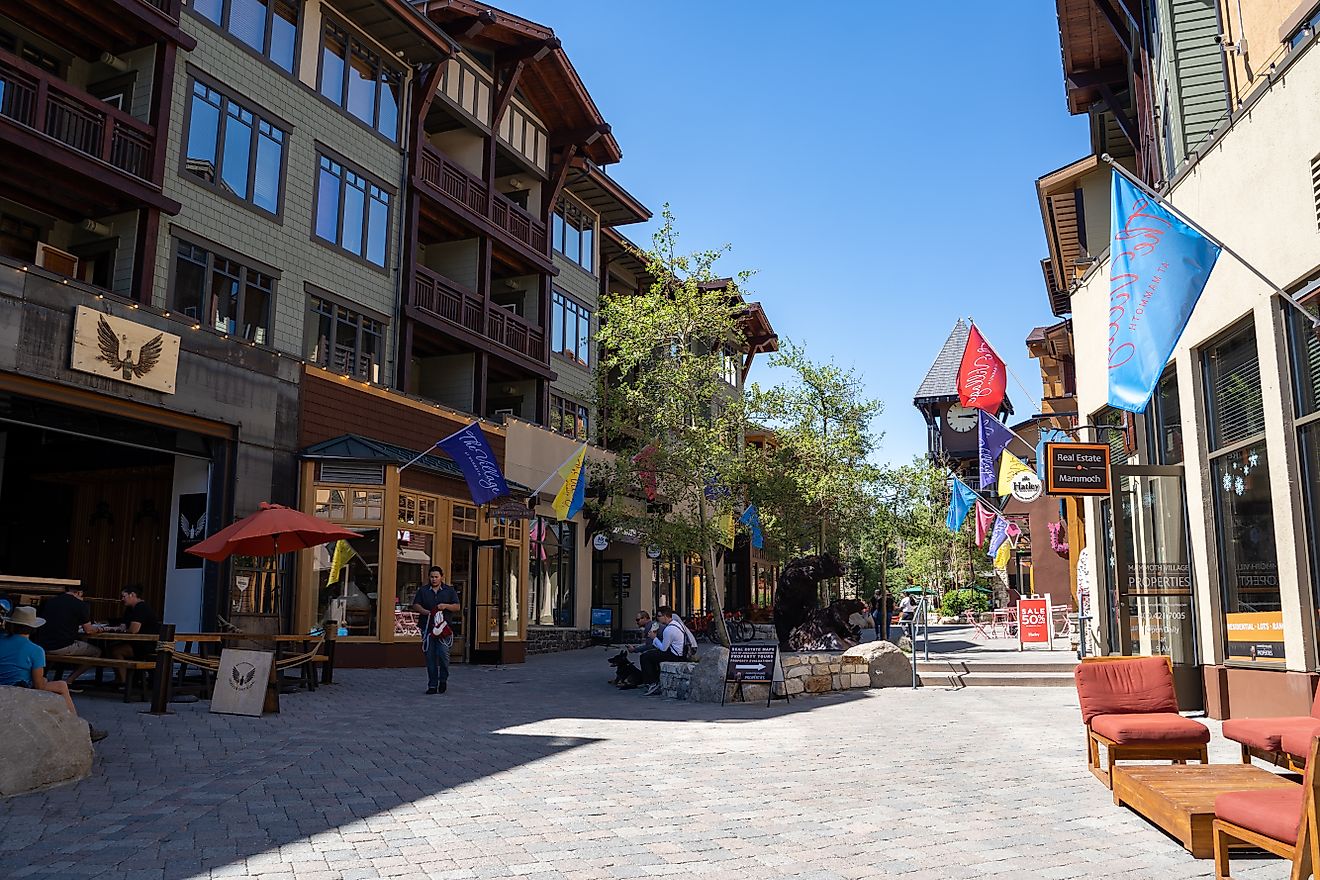 The Village, a shopping area with many local businesses in Mammoth Lakes, California. Editorial credit: melissamn / Shutterstock.com