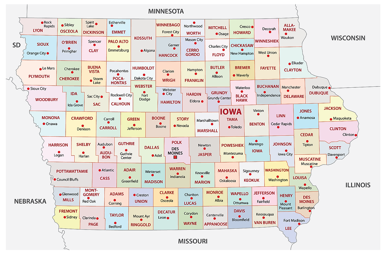 Administrative Map of Iowa showing its 99 counties and the capital city - Des Moines