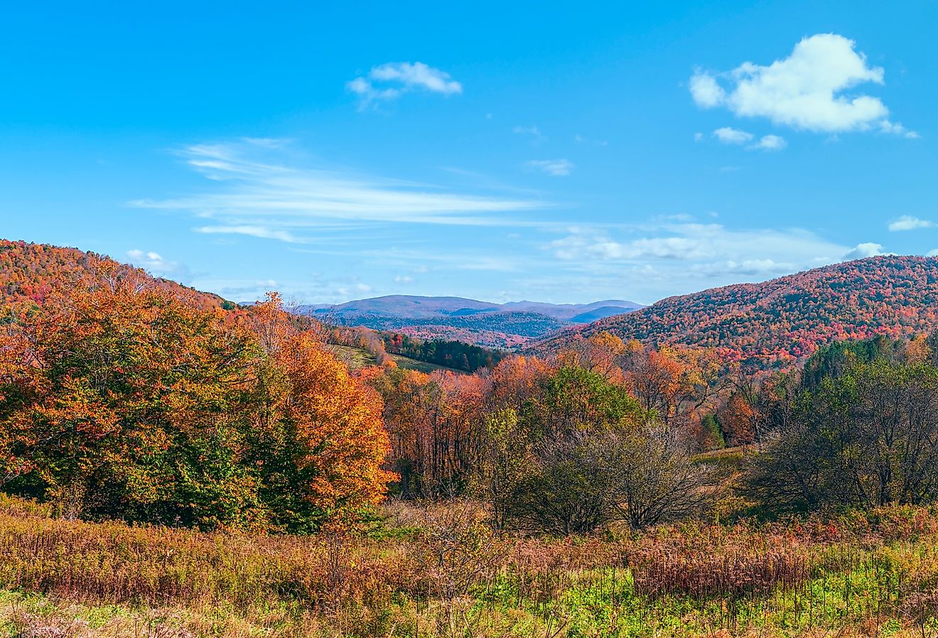 Colorful panoramic view from the overlook on the Palmer Hill Trail in autumn. Catskill Mountains. Andes. New York. USA.