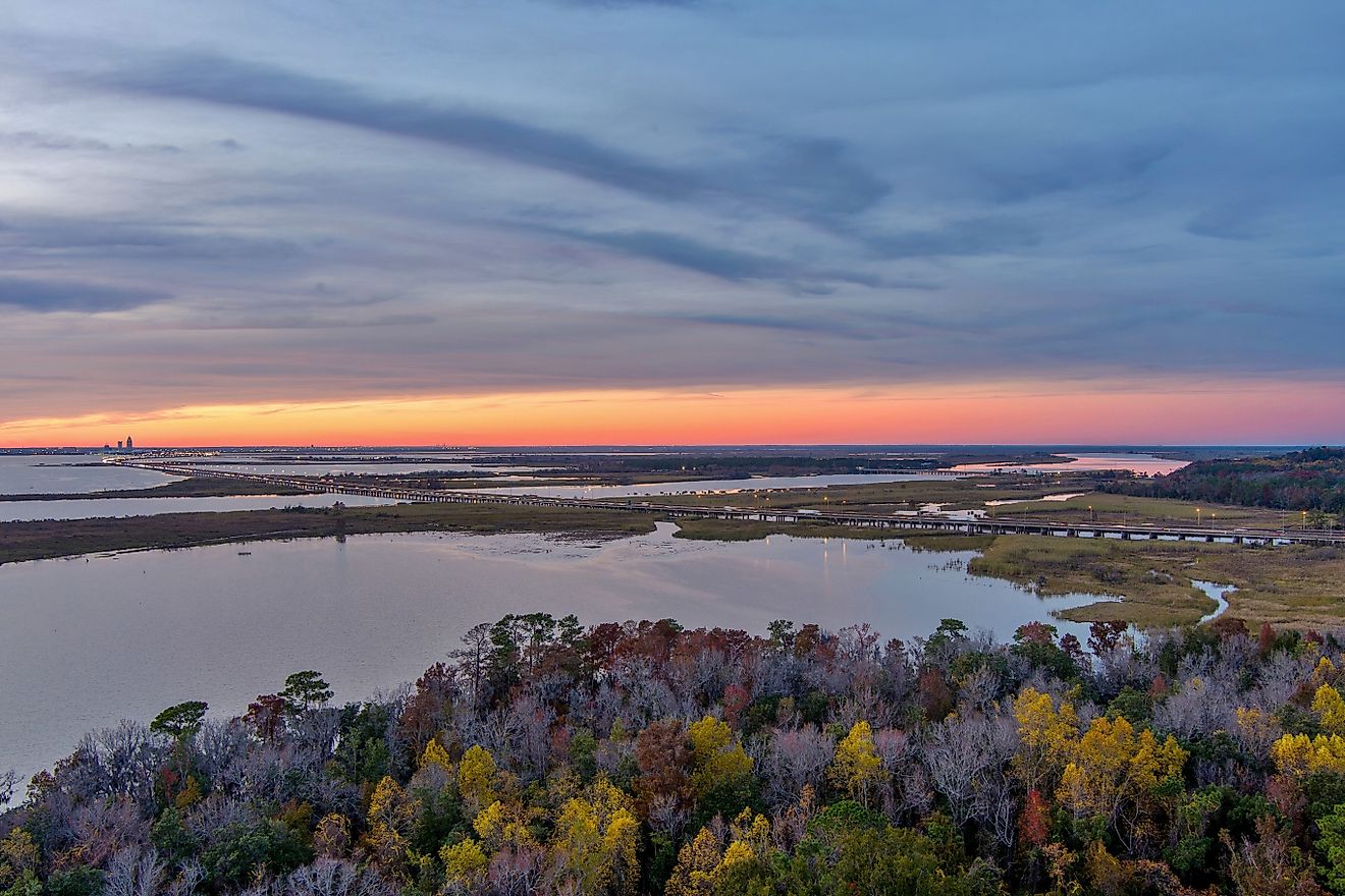 Daphne, Alabama and the Mobile Bay at sunset.