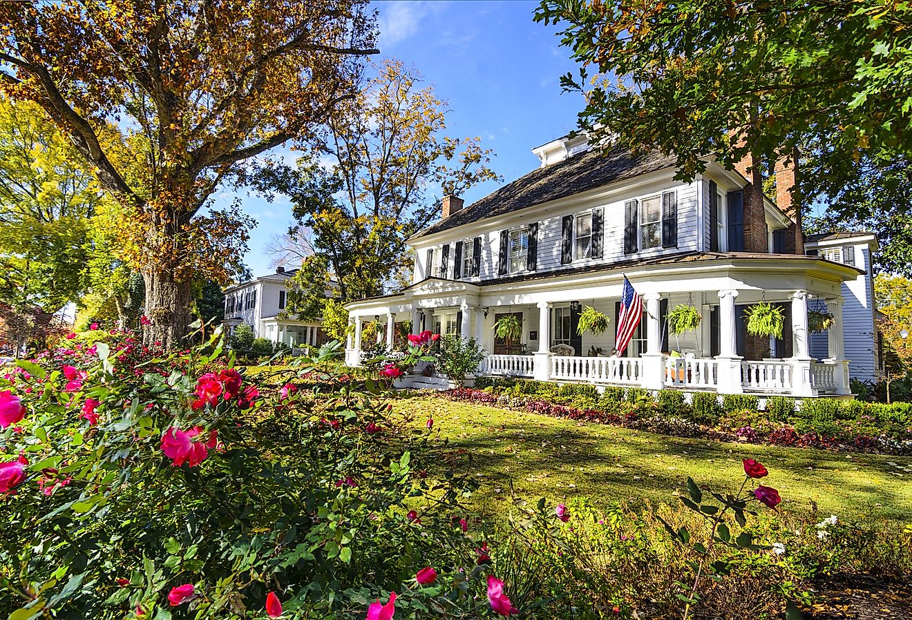 Madison, Georgia, antebellum homes district with flowers blooming.