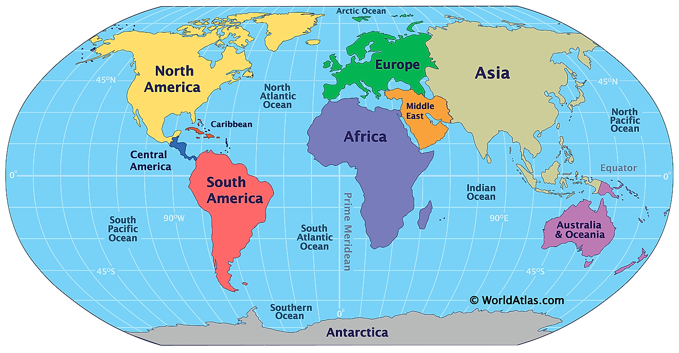 map of the world, including the five oceans: pacific, atlantic, indian, southern, arctic