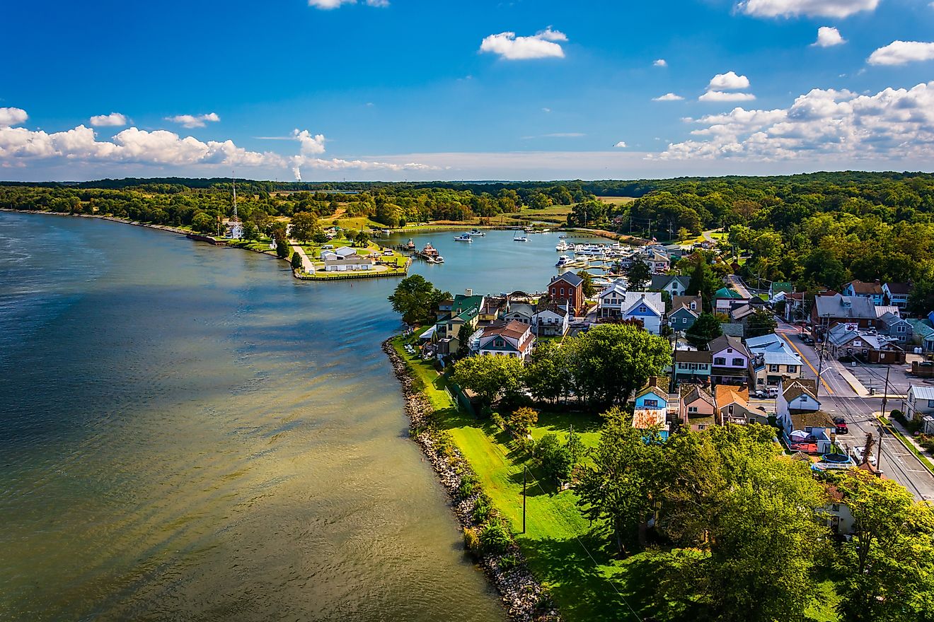 A scenic view of Chesapeake City, Maryland, from the Chesapeake City Bridge.