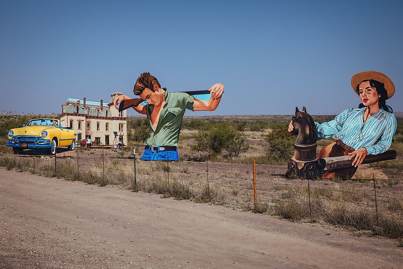 Marfa, Texas: Plywood tribute to the 1956 film "Giant," erected by artist John Cerne, via magraphy / Shutterstock.com