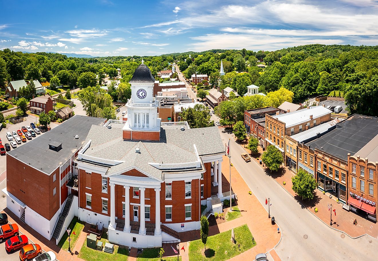 Aerial view of Tennessee's oldest town, Jonesborough and its courthouse.