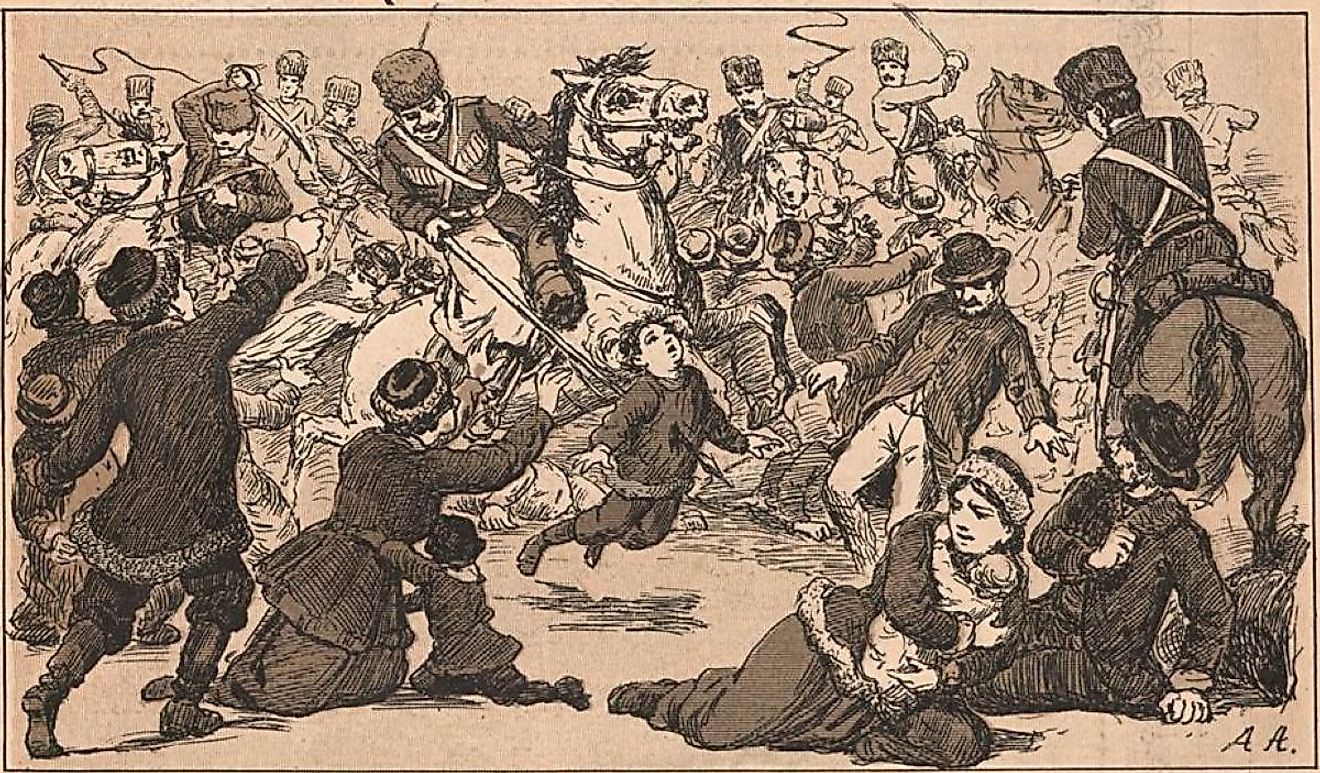 Illustration by Angelo Agostini of the Tsar's troops attacking protestors