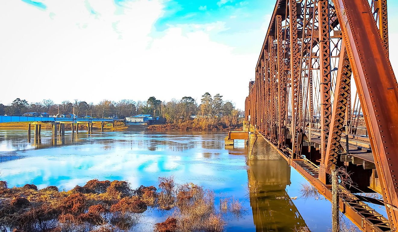 Monroe, Louisiana United States - a rusty bridge over the river downtown