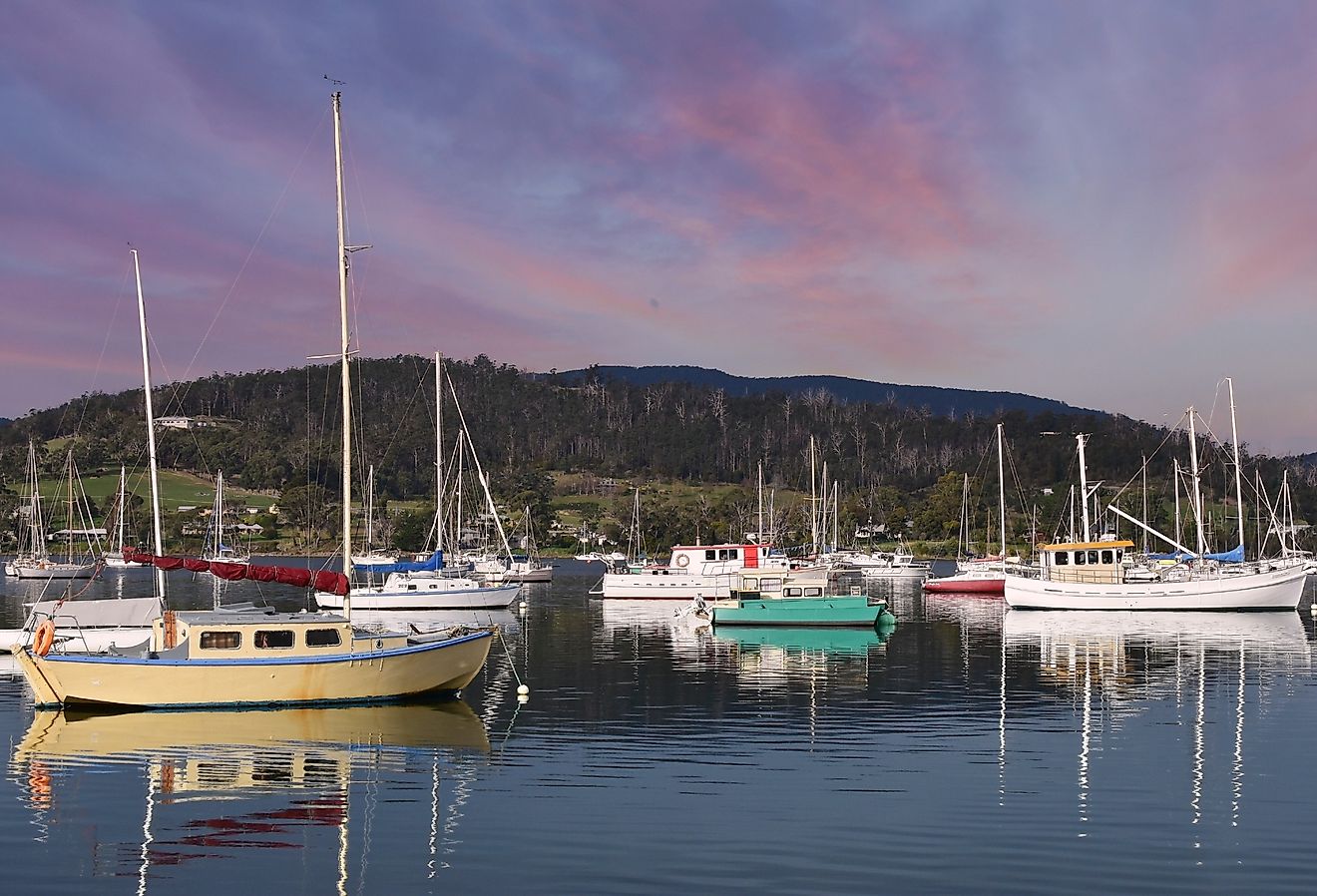 Boats anchored on Gardners Bay, Cygnet, Tasmania, Australia.