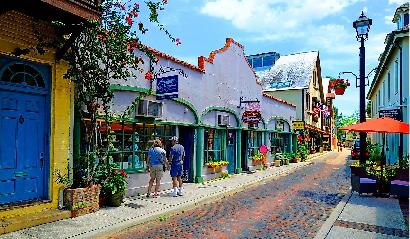 Aviles street shopping district in the Historic St. Augustine Florida the oldest city in America. Editorial credit: Dennis MacDonald / Shutterstock.com