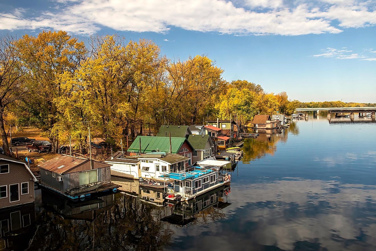 Houseboats on Latsch Island in the backwaters of the Mississippi River in Winona, Minnesota.