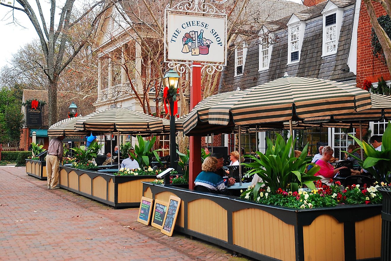 Merchants Square, a retail and dining area near Colonial Williamsburg, Virginia. Image credit James Kirkikis via Shutterstock