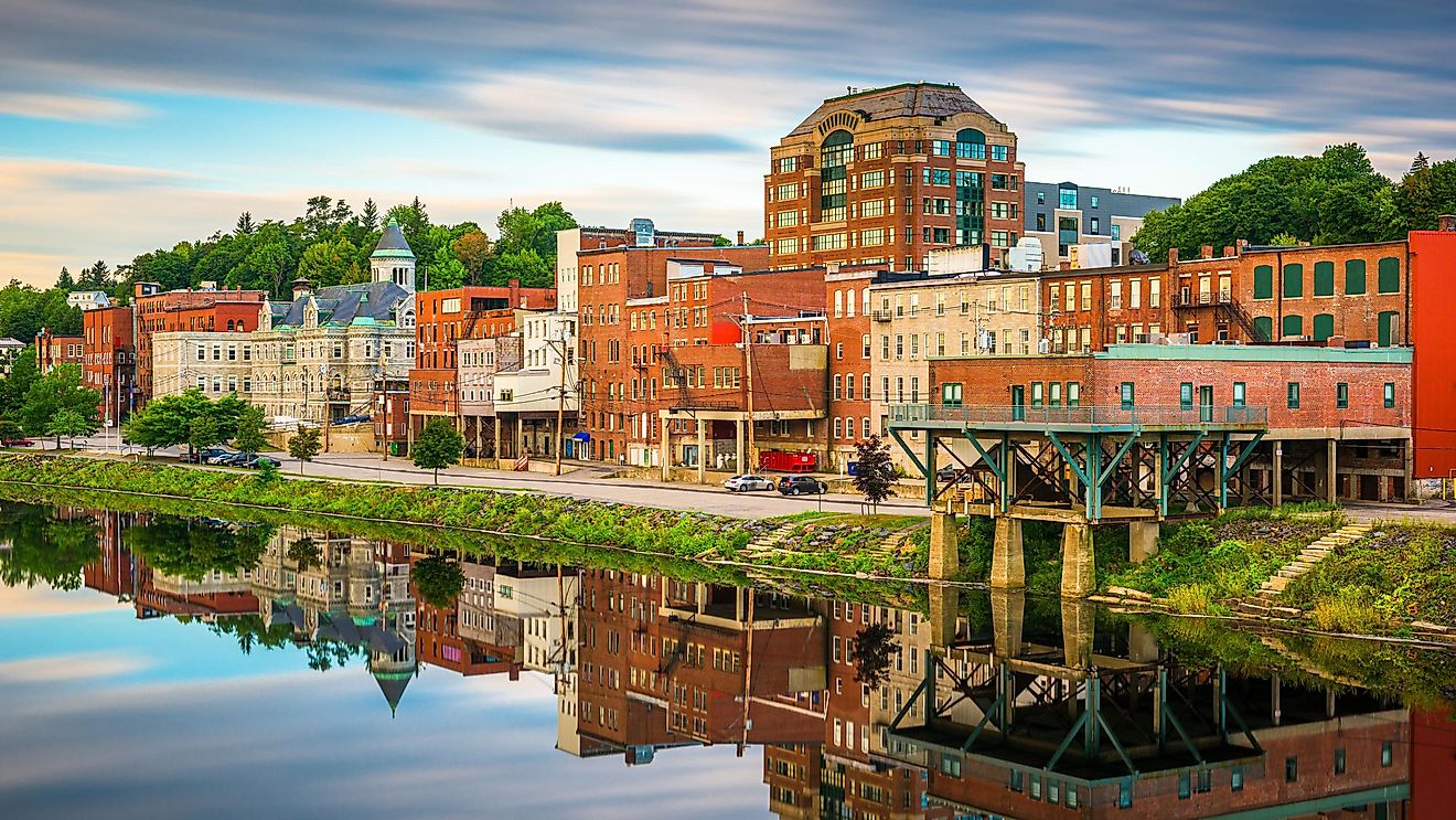 Augusta, Maine, USA skyline on the Kennebec River in the morning.