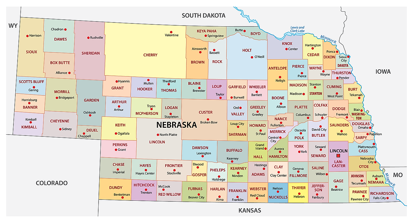 الخريطة الإدارية لنبراسكا تظهر 93 مقاطعة والعاصمة - لينكولن