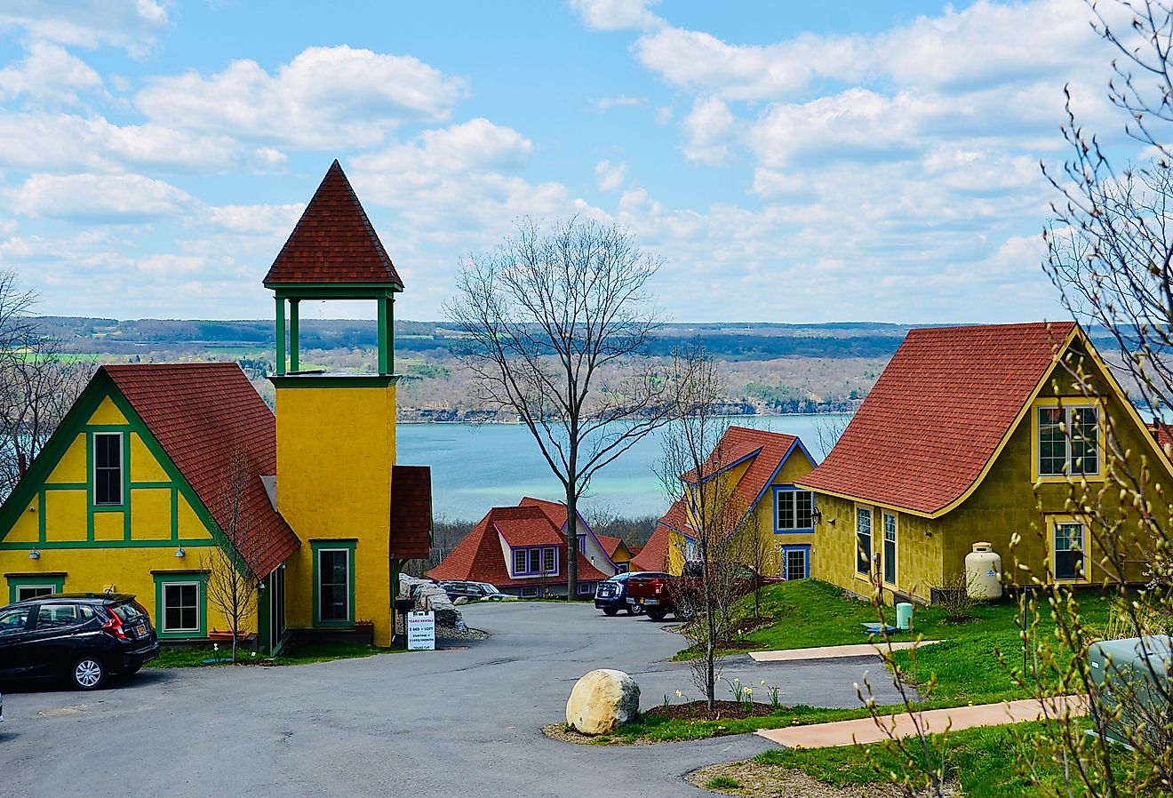 Beautiful lakefront color houses,Watkins Glen, New York. Image credit PQK via Shutterstock