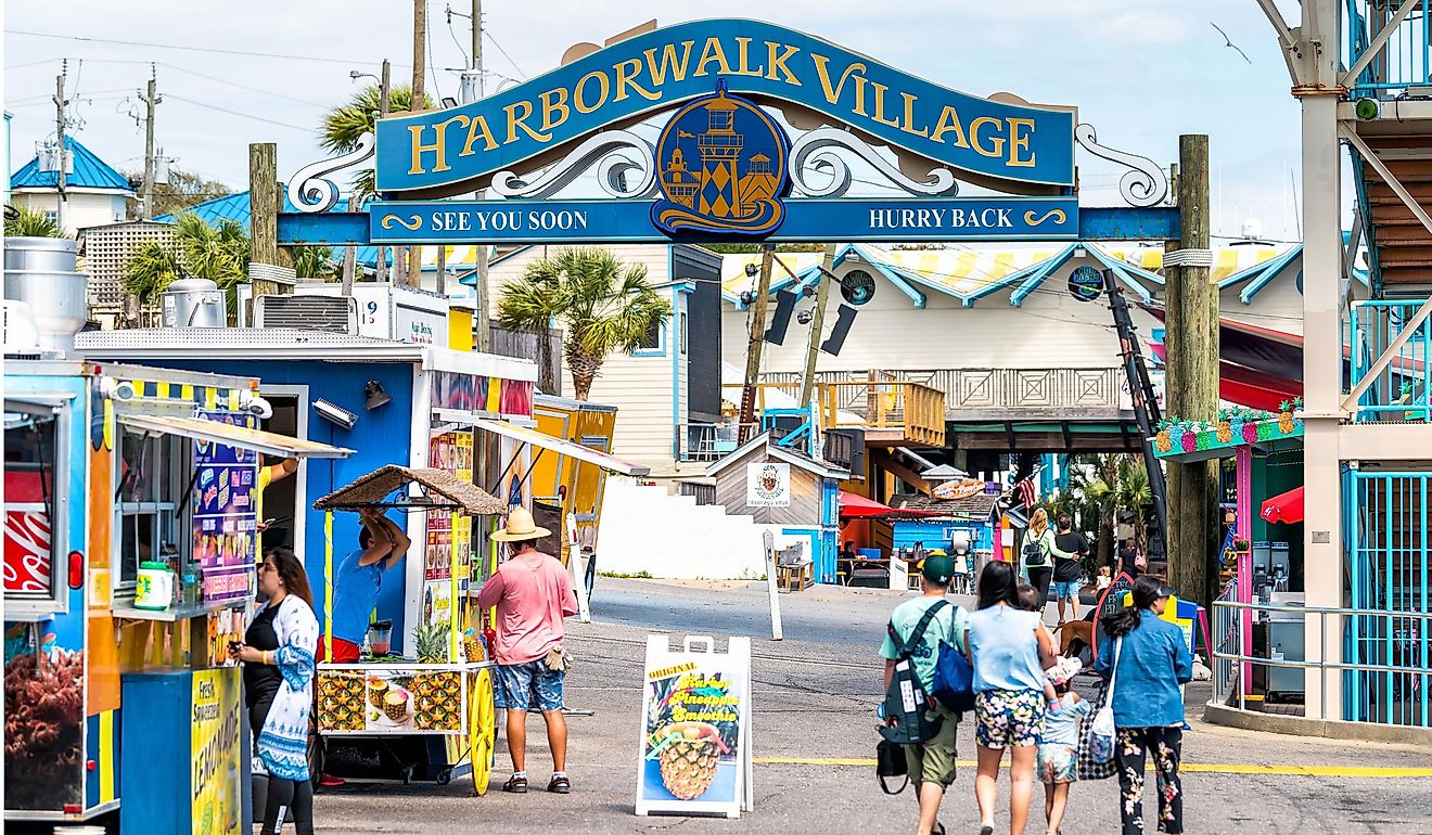 Sign for Harborwalk Village in Emerald Grande Coast in Florida Panhandle. Editorial Credit: Andriy Blokhin / Shutterstock.com