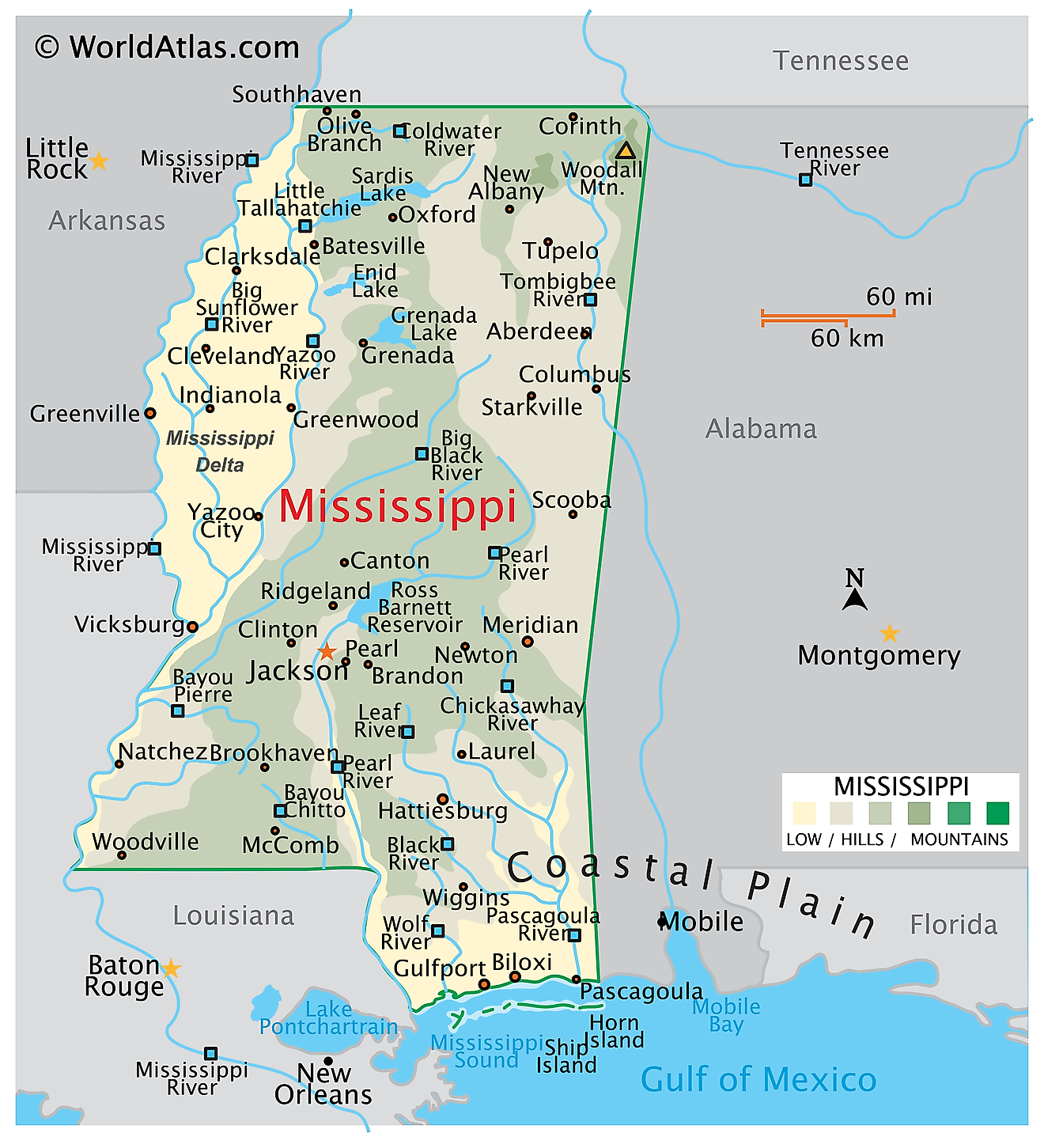 Arkansas, Louisiana and Mississippi, Road and Tourist Map, America.