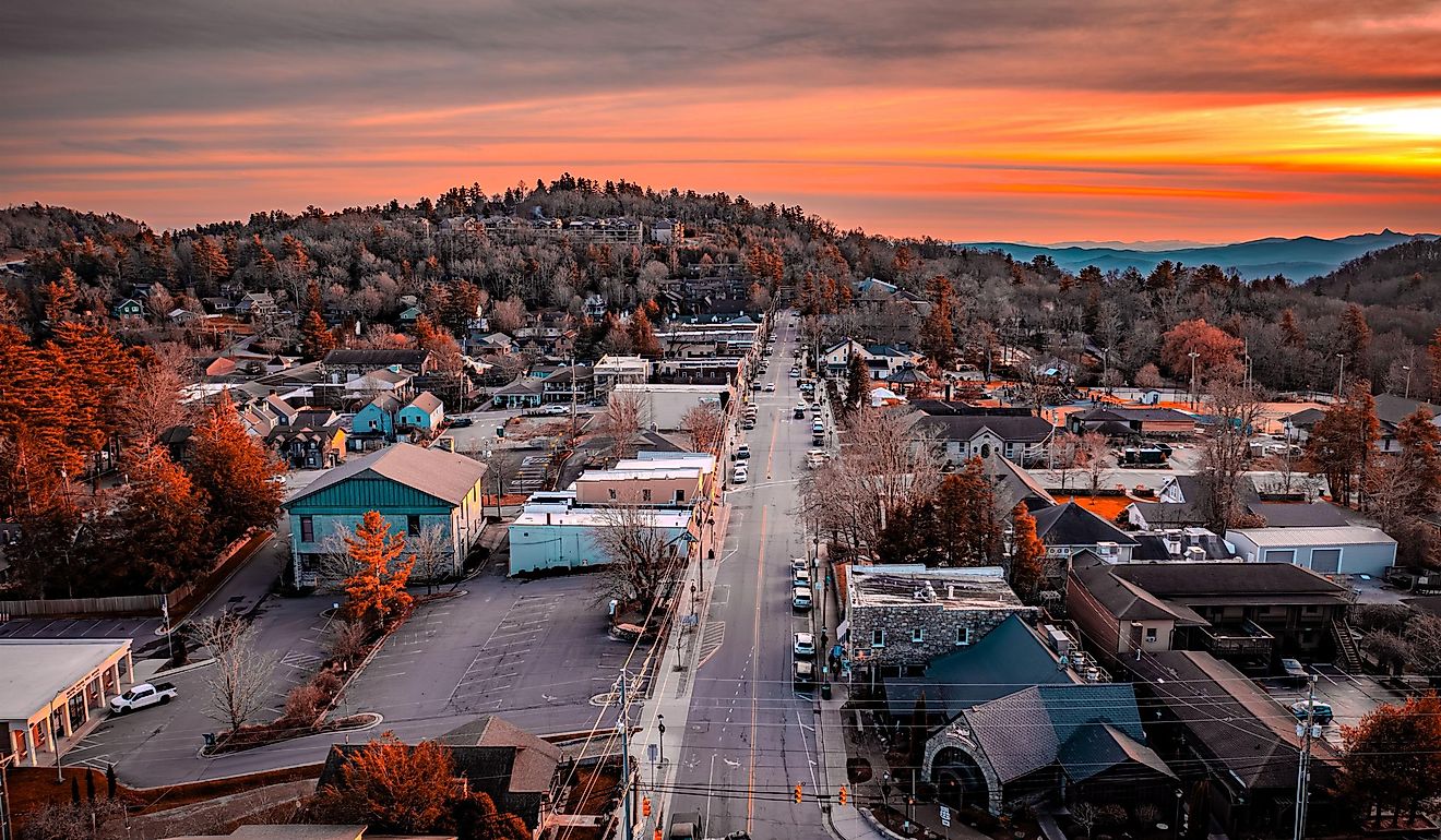 Blowing Rock, North Carolina, aerial view of sunset down Main Ave. Editorial credit: Jeffery Scott Yount / Shutterstock.com