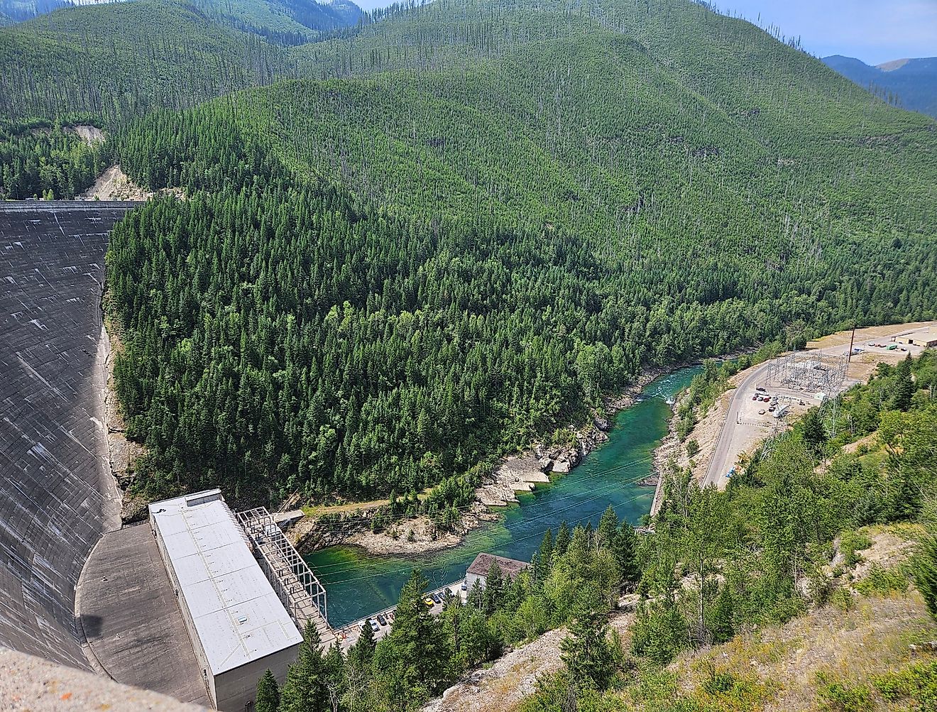 Hungry Horse Dam on the South Fork Flathead River in summer, Hungry Horse, Montana.