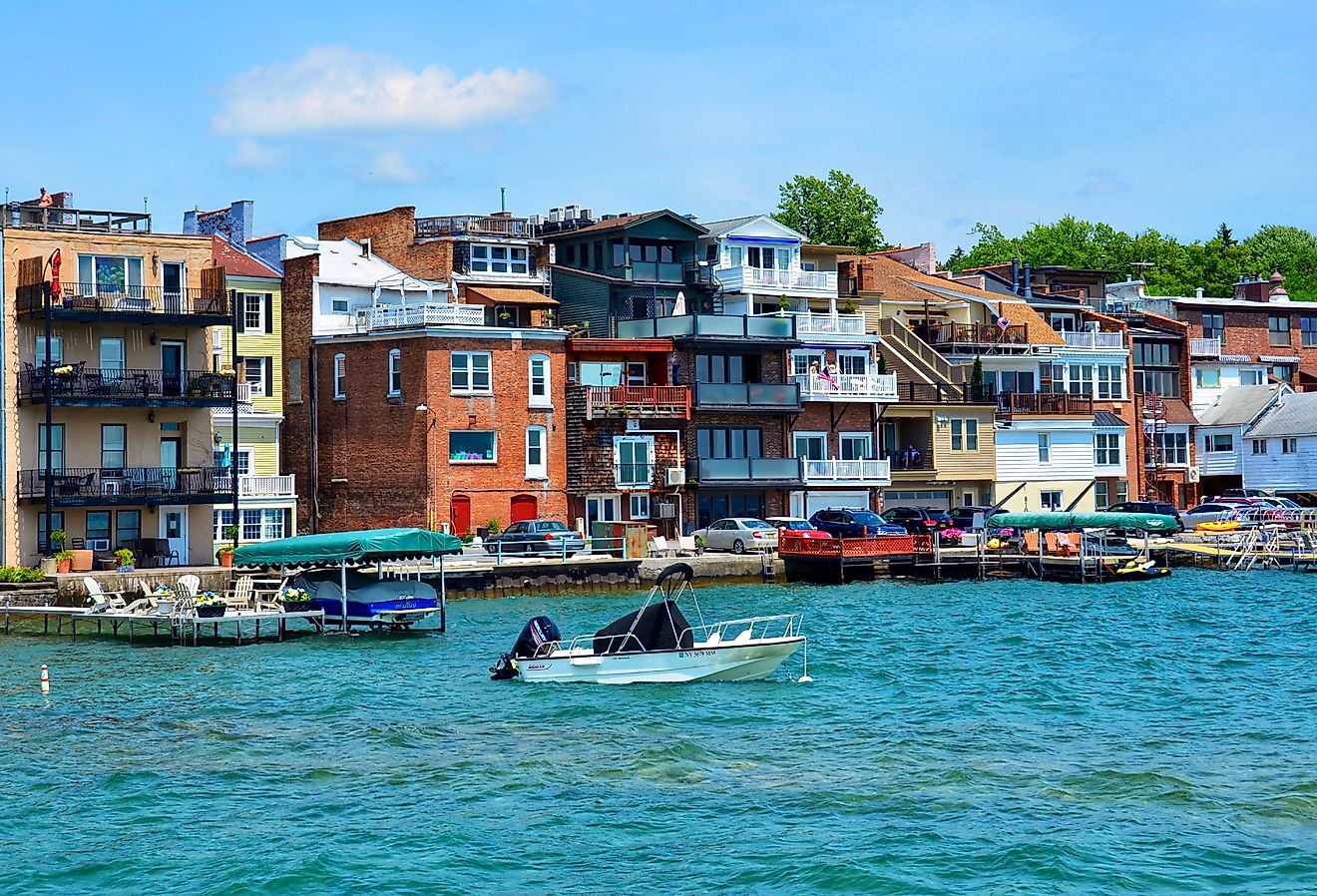 Shops and Restaurants on Skaneateles Lake, New York. Image credit PQK via Shutterstock