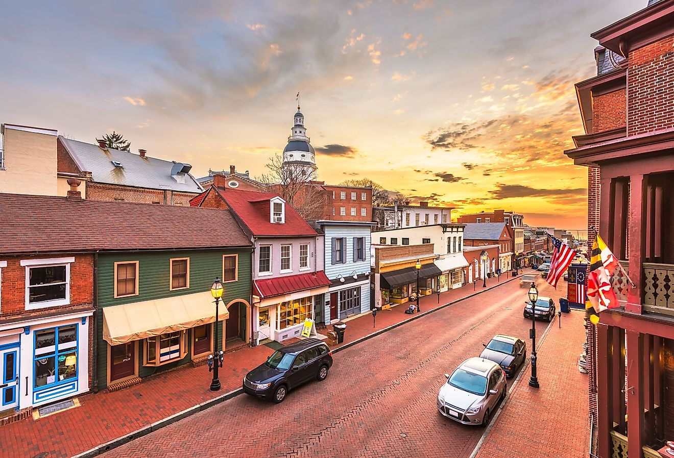 Annapolis, Maryland, USA downtown view over Main Street with the State House at dawn.