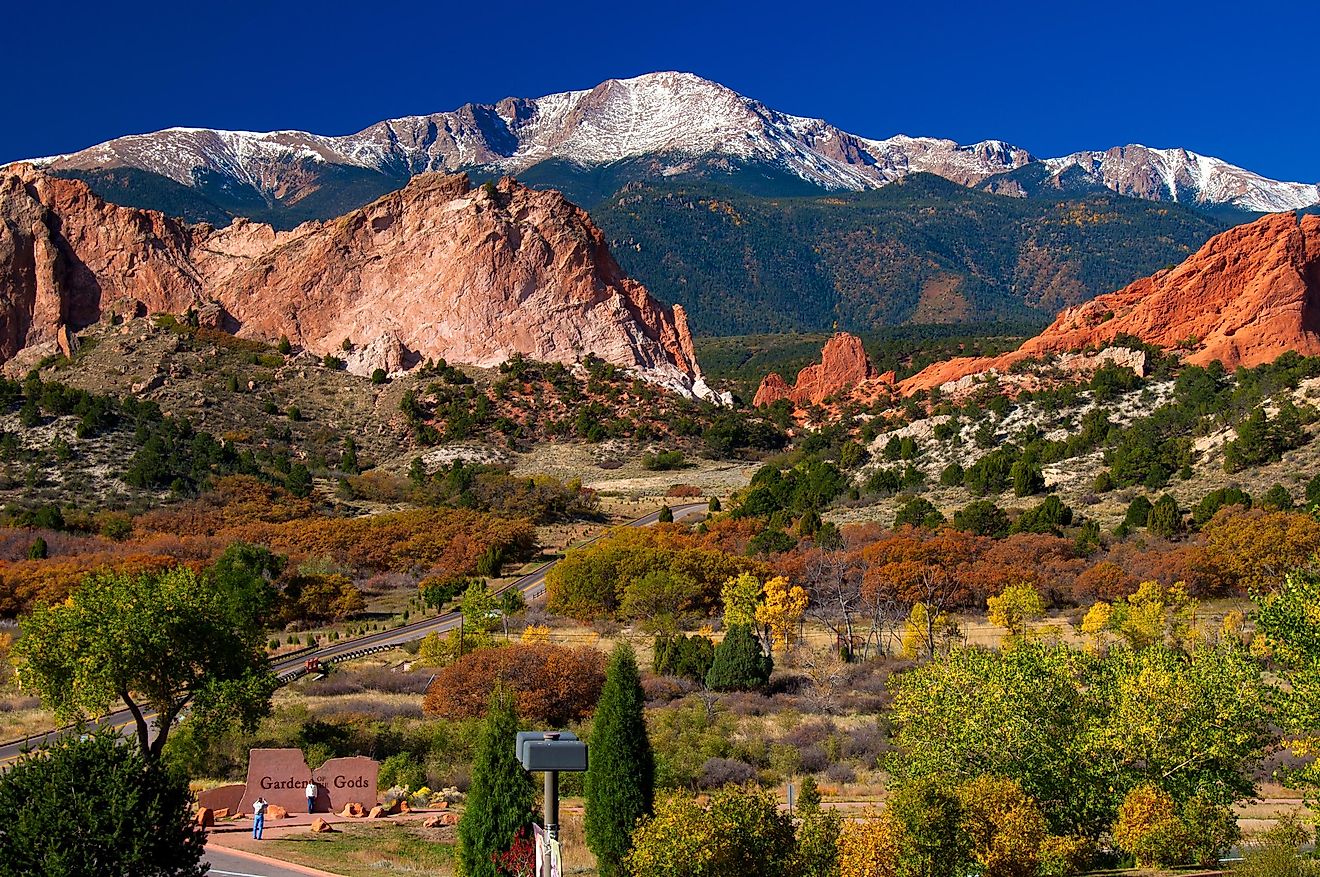 Beautiful Garden of the Gods Park with Pikes Peak soaring in the background.