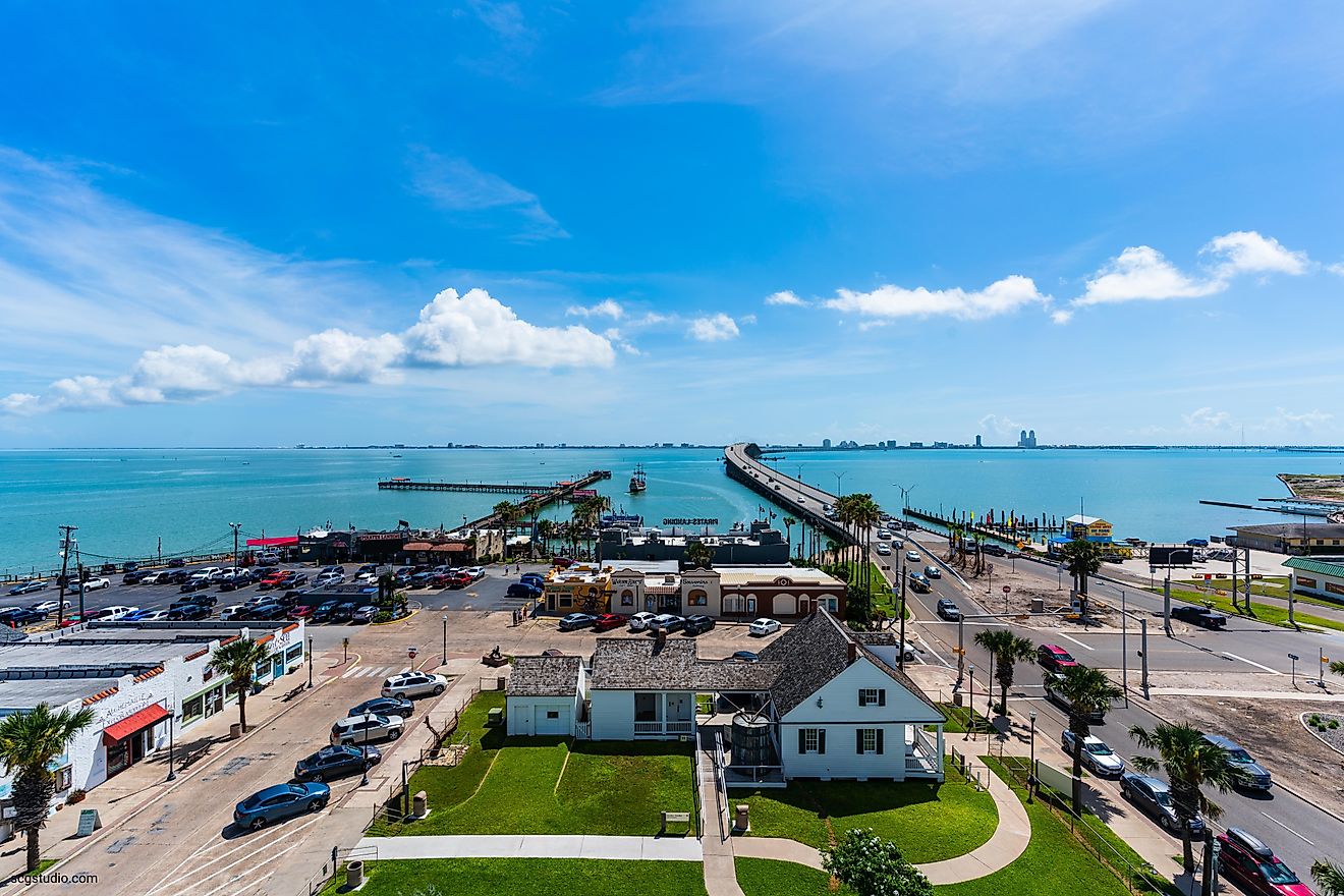 View from Port Isabel overlooking South Padre Island, with the water and connecting bridge visible in the distance.