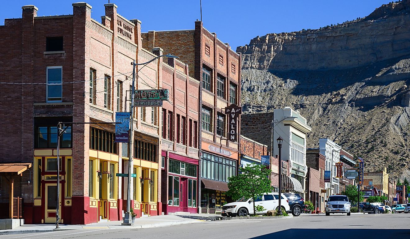 Cityscape view along Main Street in Helper Utah with historic buildings. Editorial credit: Ian Dewar Photography / Shutterstock.com