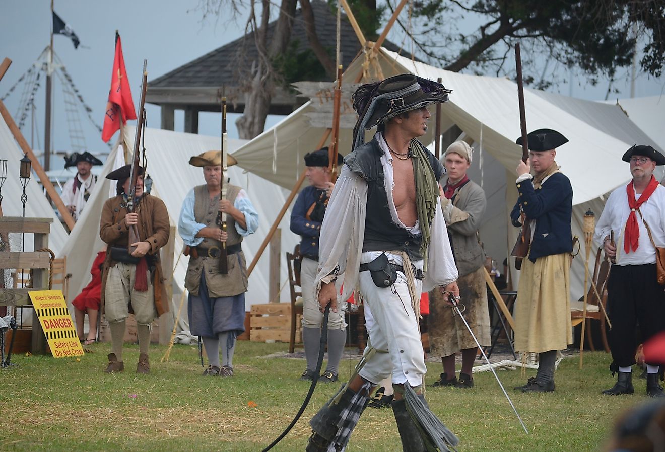 Reenactment of the Beaufort Pirate Invasion at an annual pirate festival in Beaufort, North Carolina. Image credit Cara Siera via Shutterstock