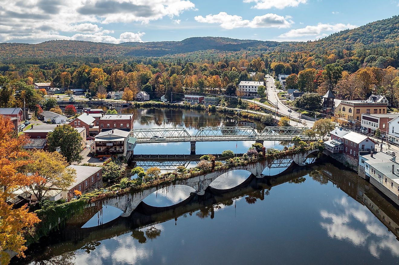 The Bridge of Flowers spans the Deerfield River in Shelburne, Massachusetts during fall.