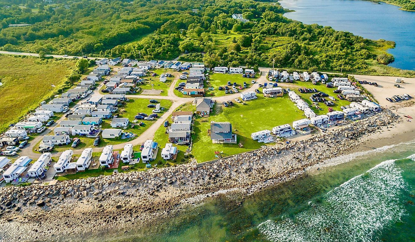 Aerial view of the beachfront campground in Little Compton, Rhode Island.