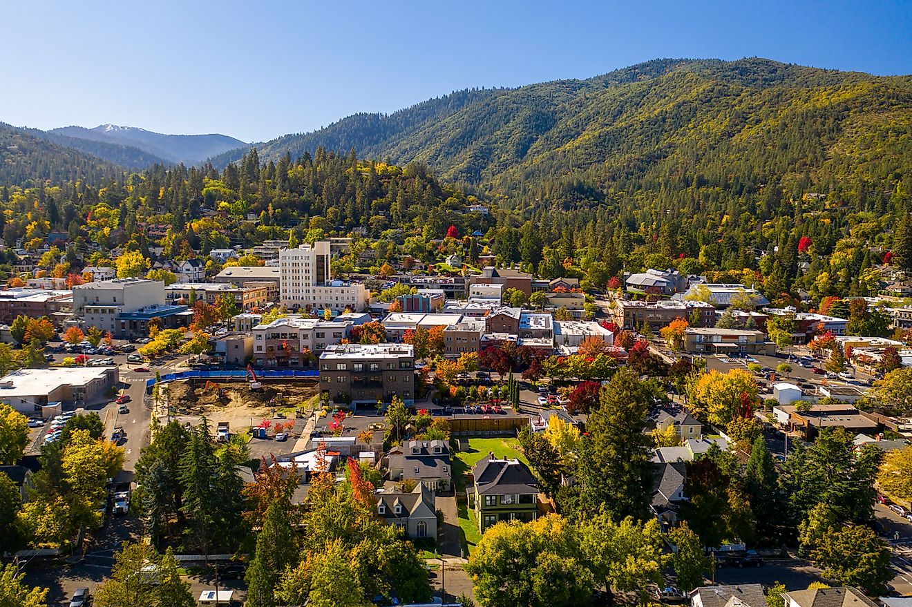 Aerial view of Ashland, Oregon in fall with foliage all around