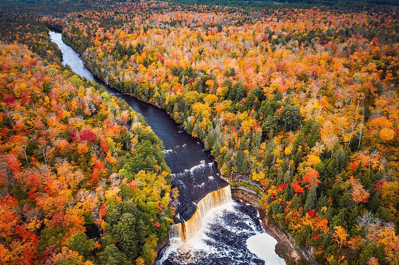 Aerial view of the Upper Tahquamenon Falls in Michigan.
