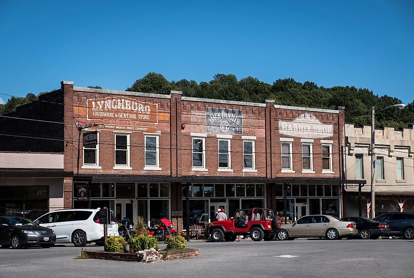 Shops on the square in Lynchburg, Tennessee, the home of Jack Daniel's Distillery, via Brycia James / iStock.com