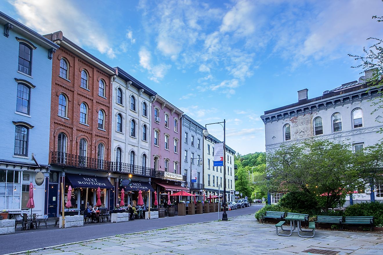 Kingston, New York: a landscape view of the shops and restaurants on West Strand Street in The Rondout, Kingstons historic waterfront, via Brian Logan Photography / Shutterstock.com