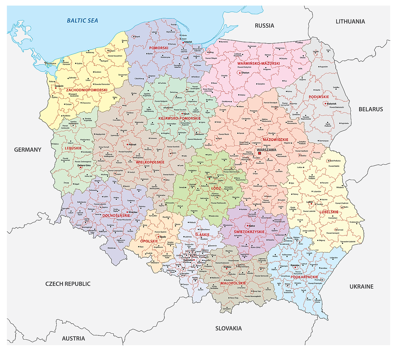Mapa político de Polonia que muestra sus 16 voivodatos y la ciudad capital, Varsovia.