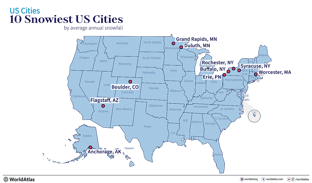 infographic showing the locations of 10 of the snowiest US cities