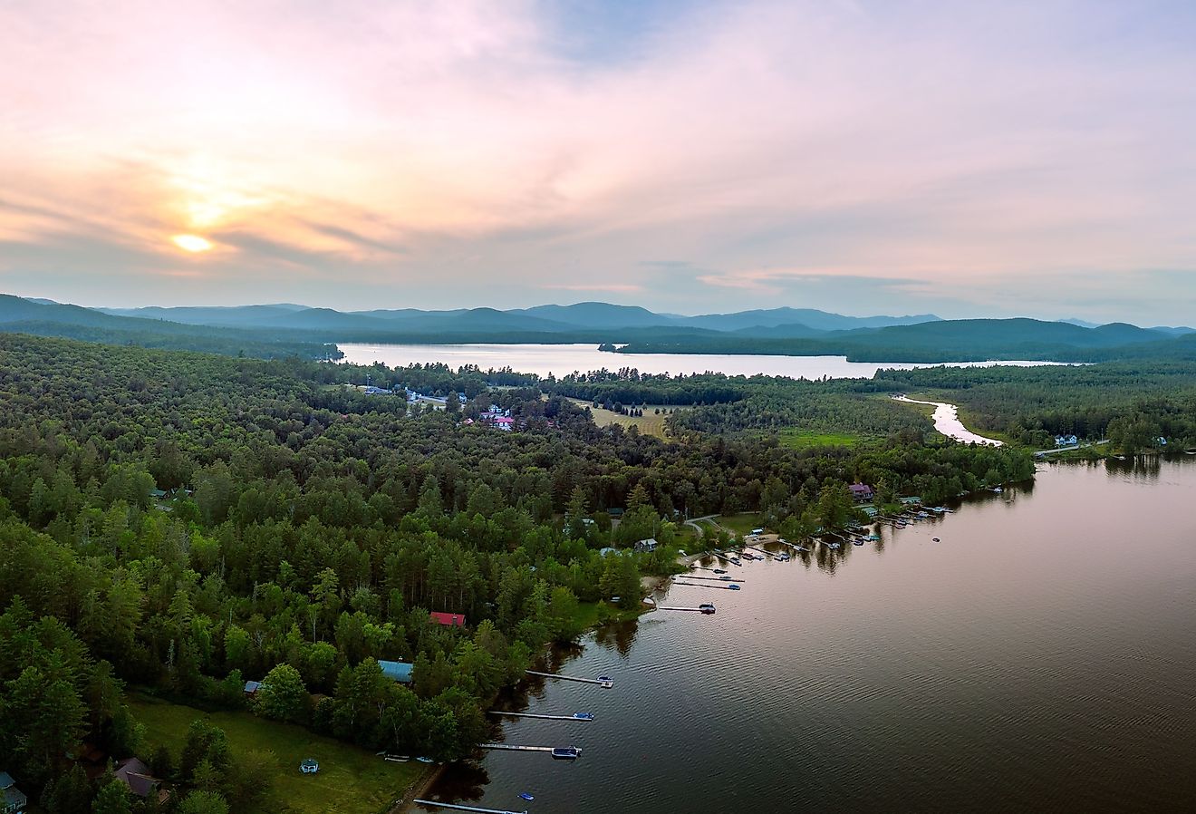 Aerial view of Speculator, New York, with Lake Pleasant in the foreground