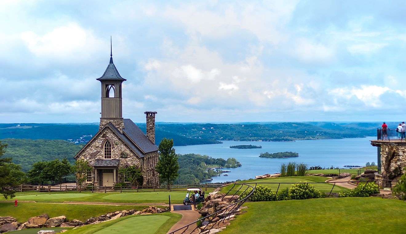 Stone church along a cliff in Branson, Missouri.