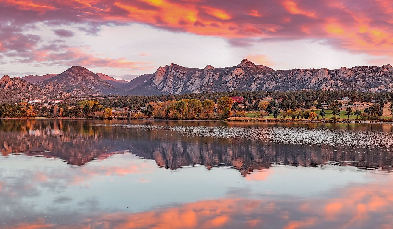 Fiery Sunrise and Alpenglow over Estes Park - Rocky Mountain National Park, Estes Park, Colorado.