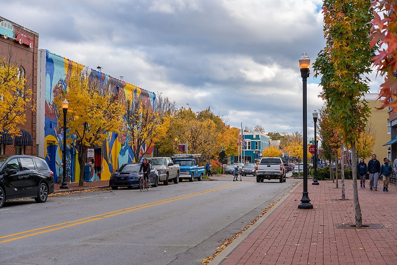 View of downtown Bentonville in Arkansas during the fall season. Editorial credit: shuttersv / Shutterstock.com