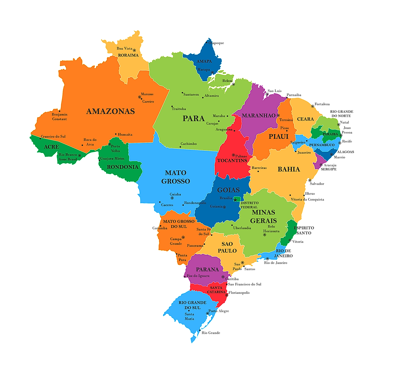 Mapa Político de Brasil mostrando sus 26 estados y 1 Distrito Federal y la ciudad capital de Brasilia