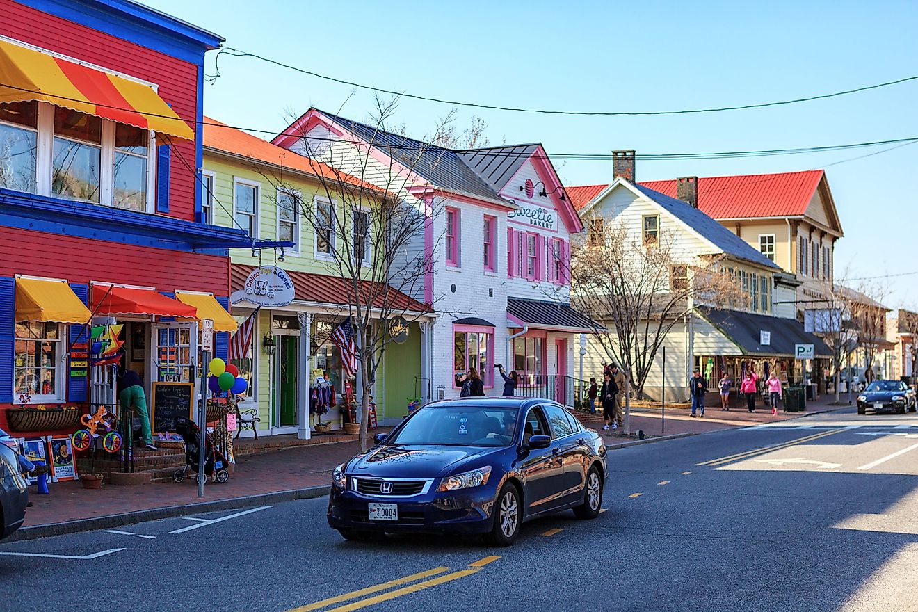 Shops and stores along the main street of St. Michaels, Maryland. Editorial credit: George Sheldon / Shutterstock.com