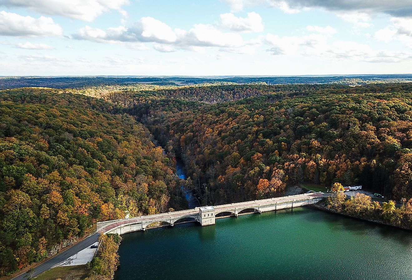 Aerial view of Pretty Boy Reservoir Dam in Hampstead, Maryland during fall.