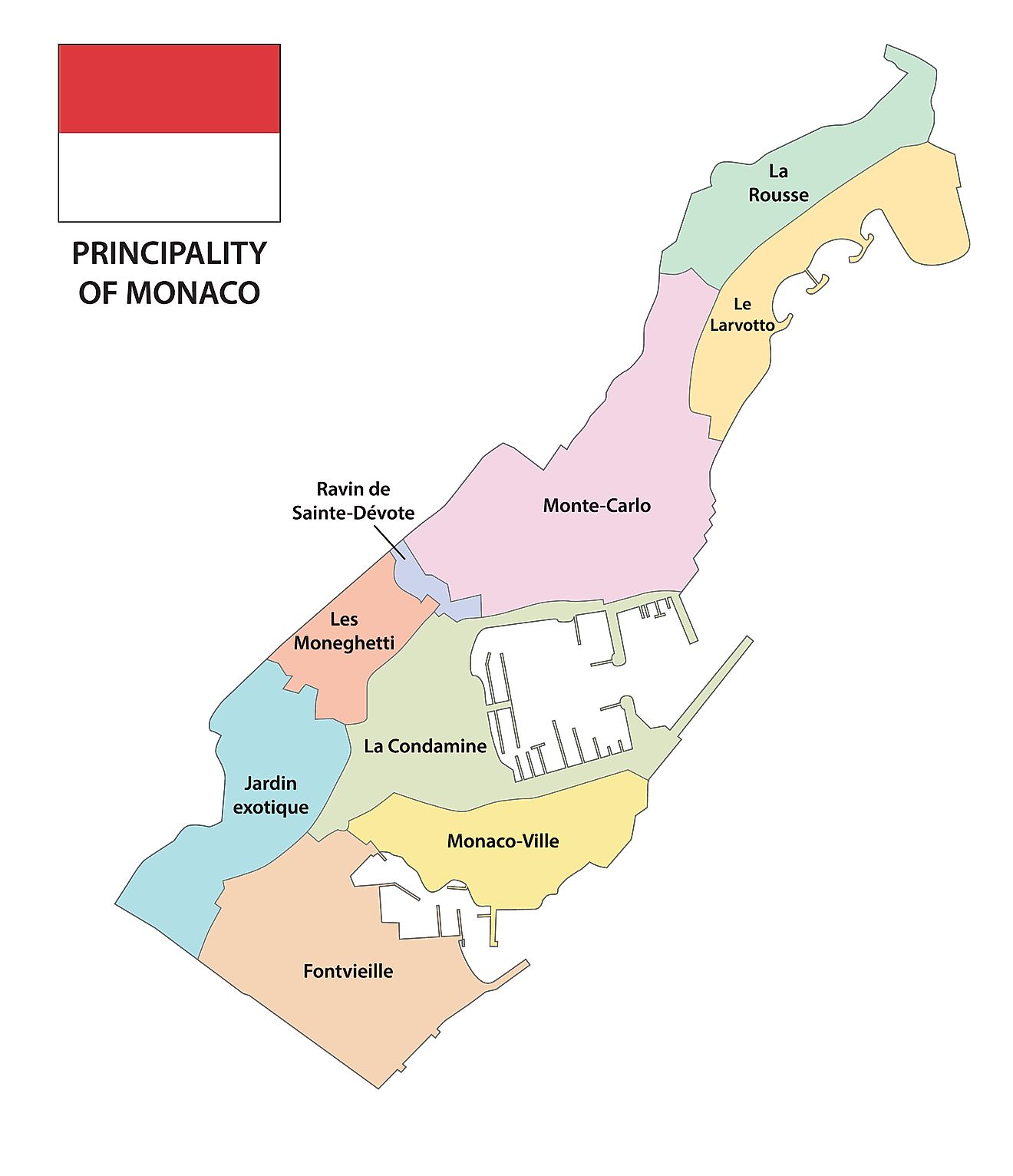 Mapa Político de Mónaco mostrando sus 4 cuartos.
