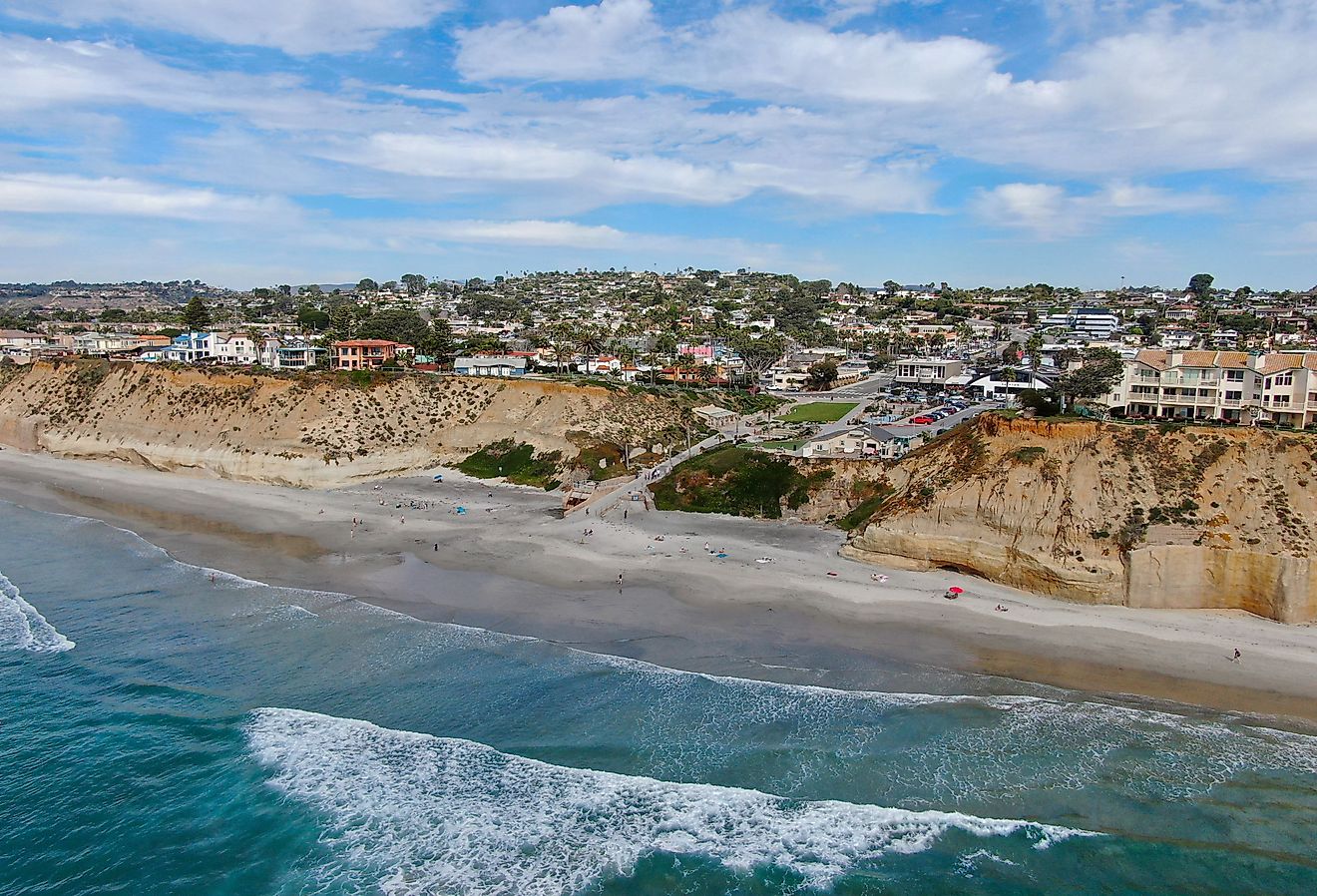 Aerial view of Solana Beach and cliff, California coastal beach with blue Pacific ocean.